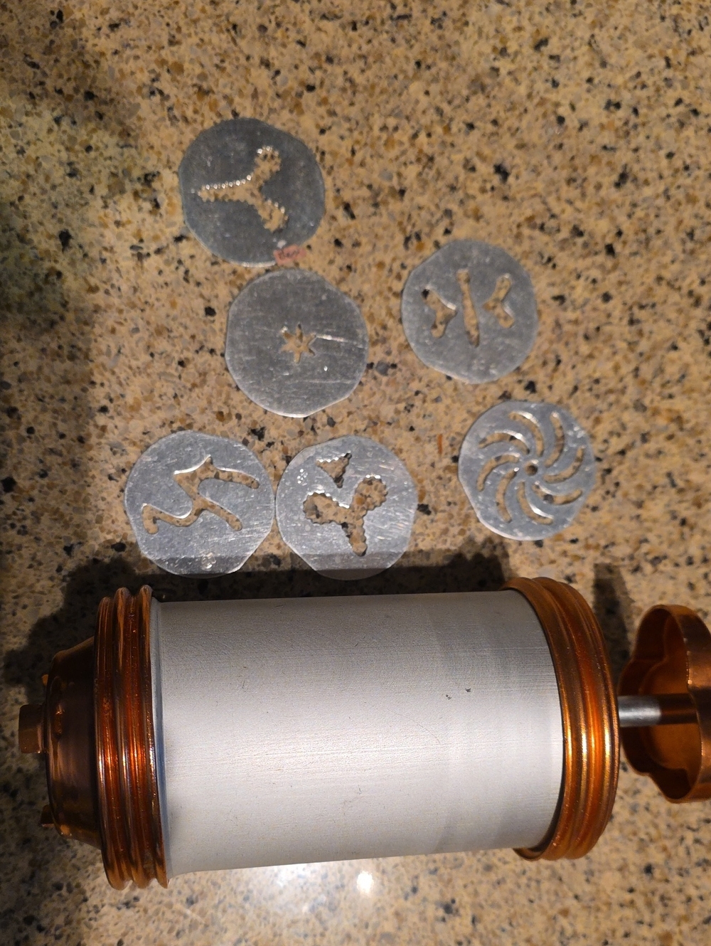 Vintage Copper and Silver Cookie Press with Decorative Discs Only Disc Shown